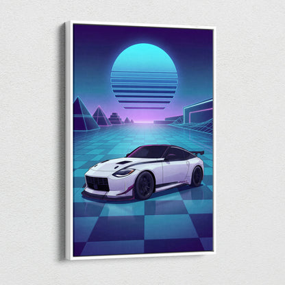 Nissan Z Inspired White Blue Canvas Wall Art Vaporwave Neon Grid JDM Sports Car Artwork, Retro Futuristic Garage Decor
