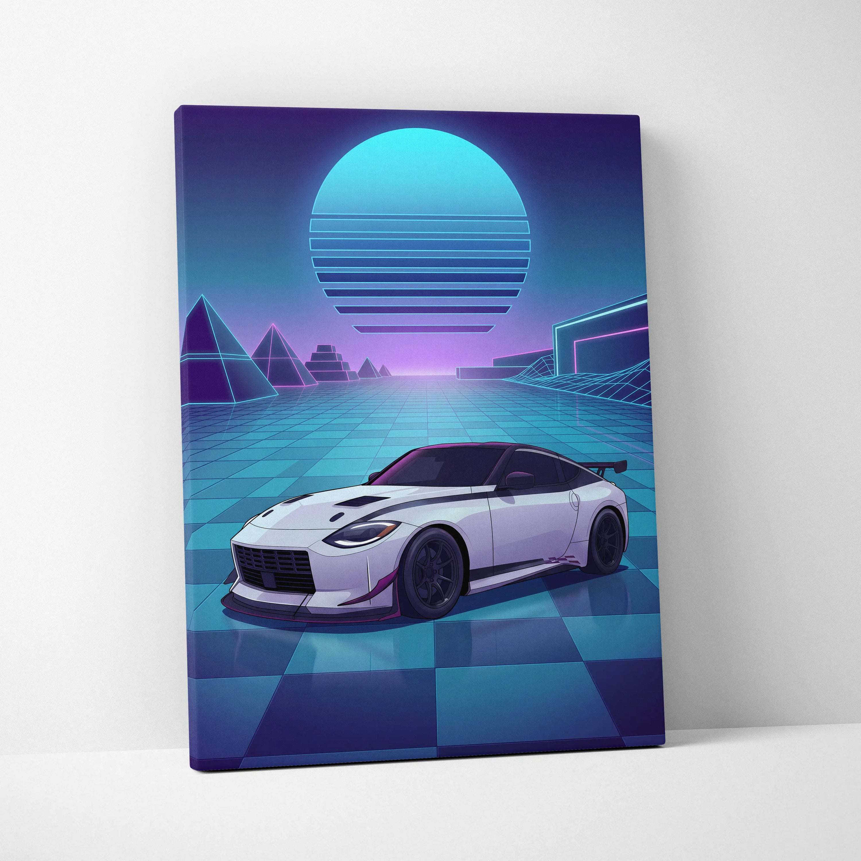 Nissan Z Inspired White Blue Canvas Wall Art Vaporwave Neon Grid JDM Sports Car Artwork, Retro Futuristic Garage Decor