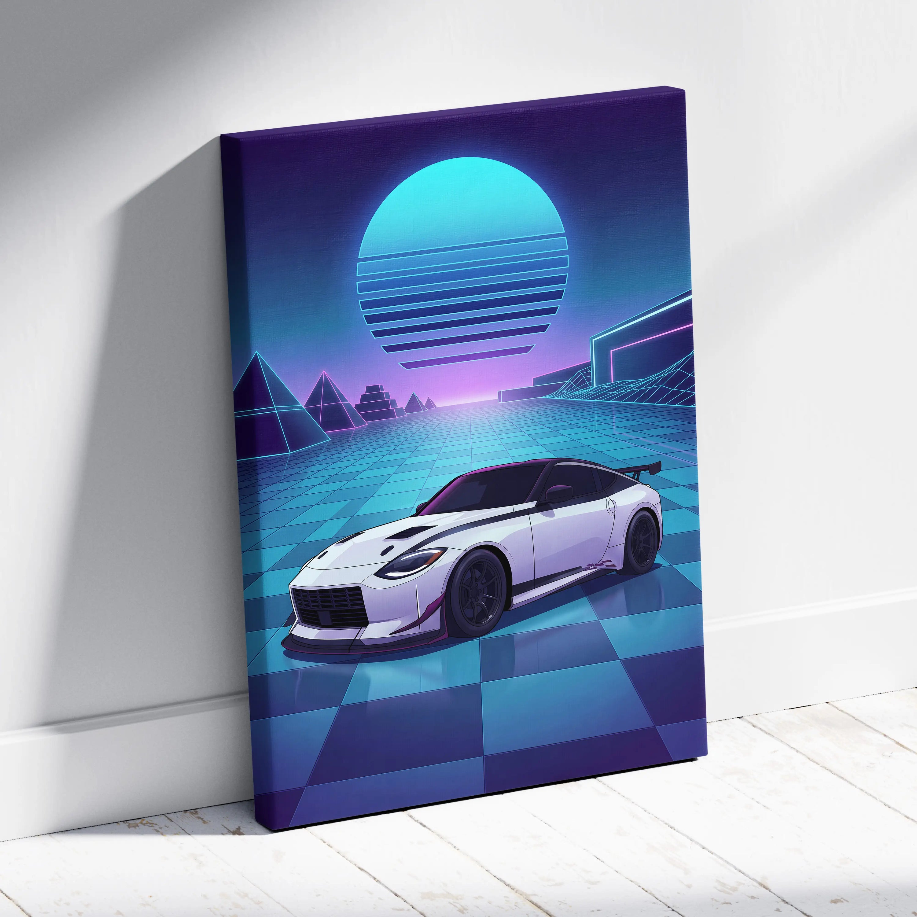 Nissan Z Inspired White Blue Canvas Wall Art Vaporwave Neon Grid JDM Sports Car Artwork, Retro Futuristic Garage Decor