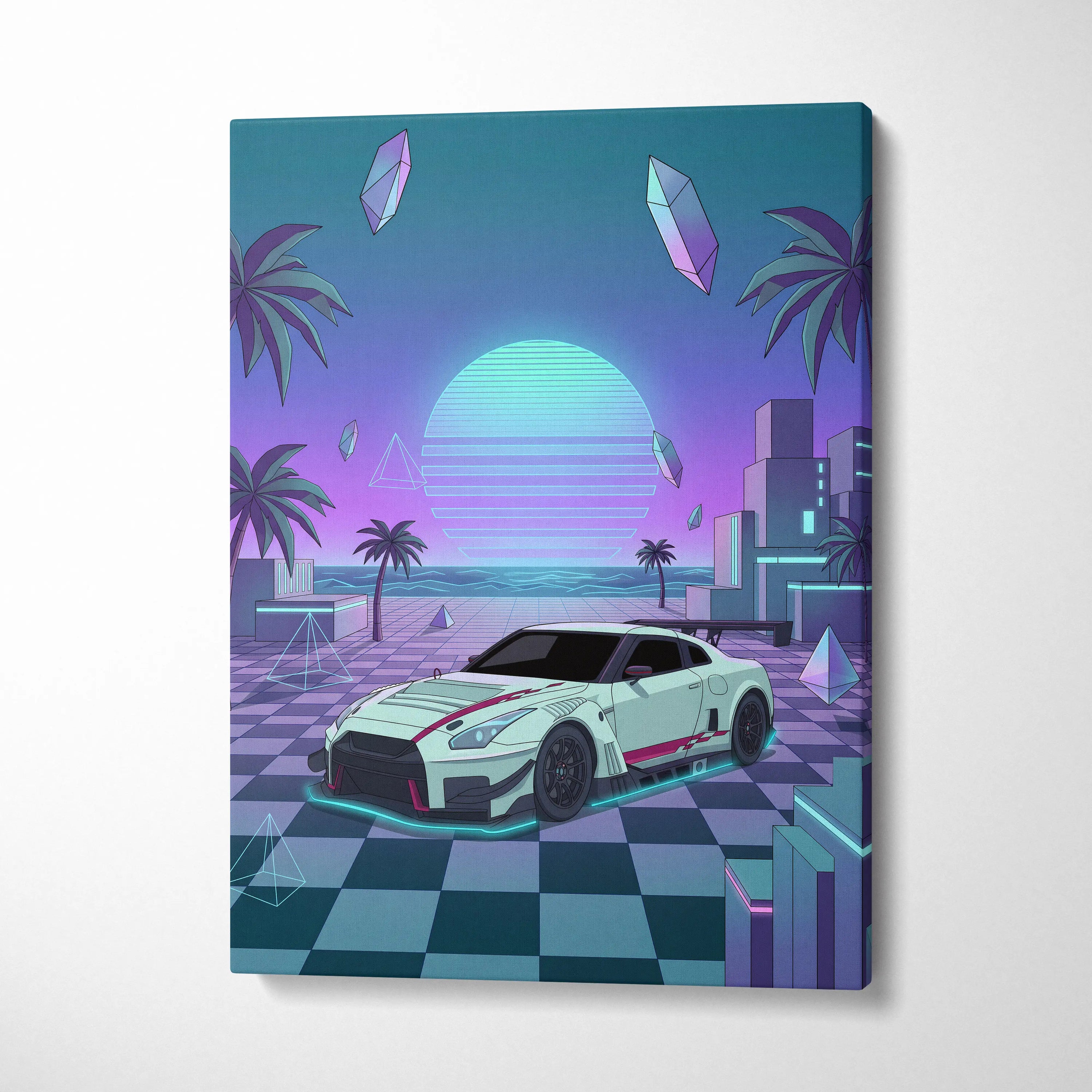 Nissan GT-R R35 Inspired White Teal Canvas Wall Art Vaporwave Sunset JDM Car Artwork, Neon Checkerboard Garage Decor