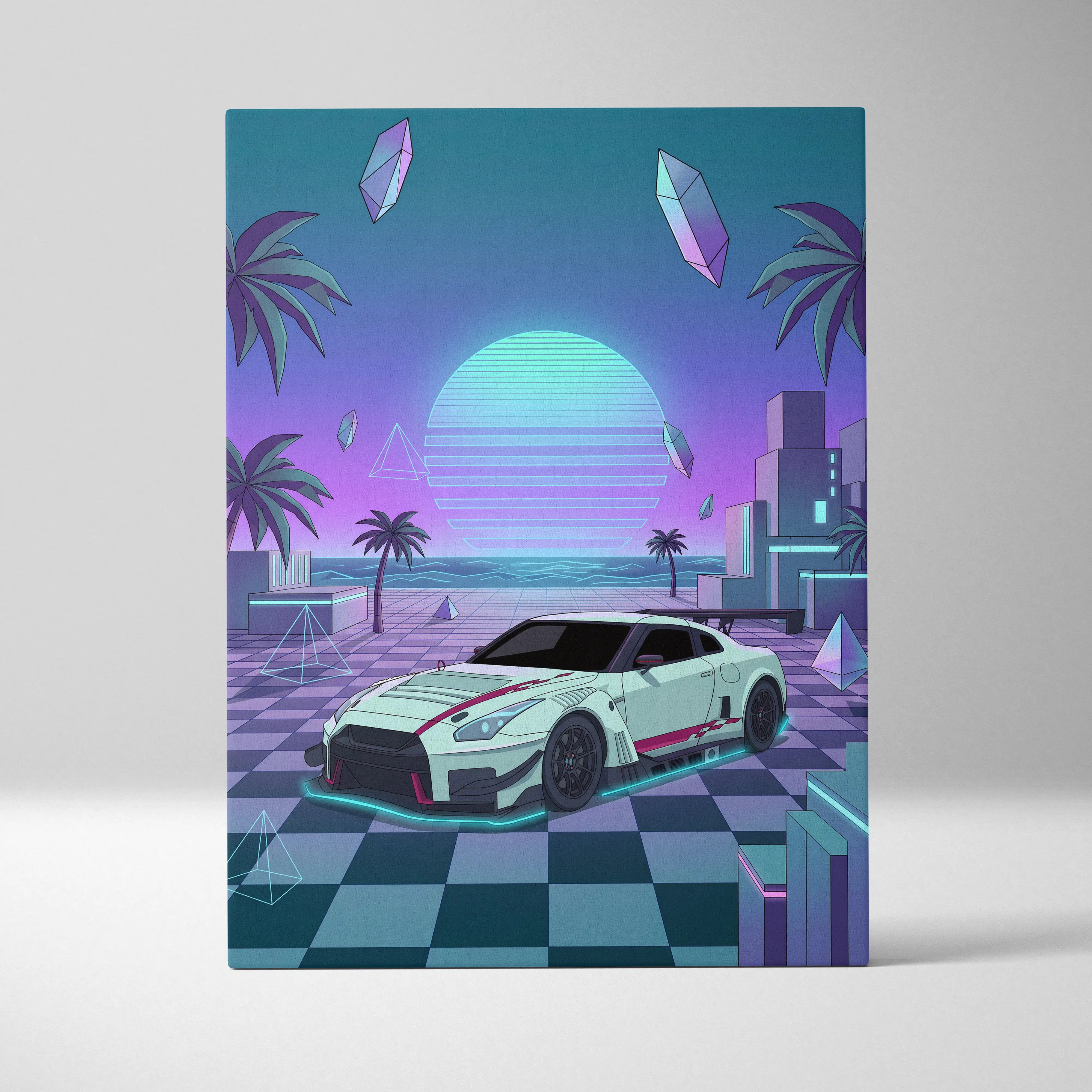 Nissan GT-R R35 Inspired White Teal Canvas Wall Art Vaporwave Sunset JDM Car Artwork, Neon Checkerboard Garage Decor