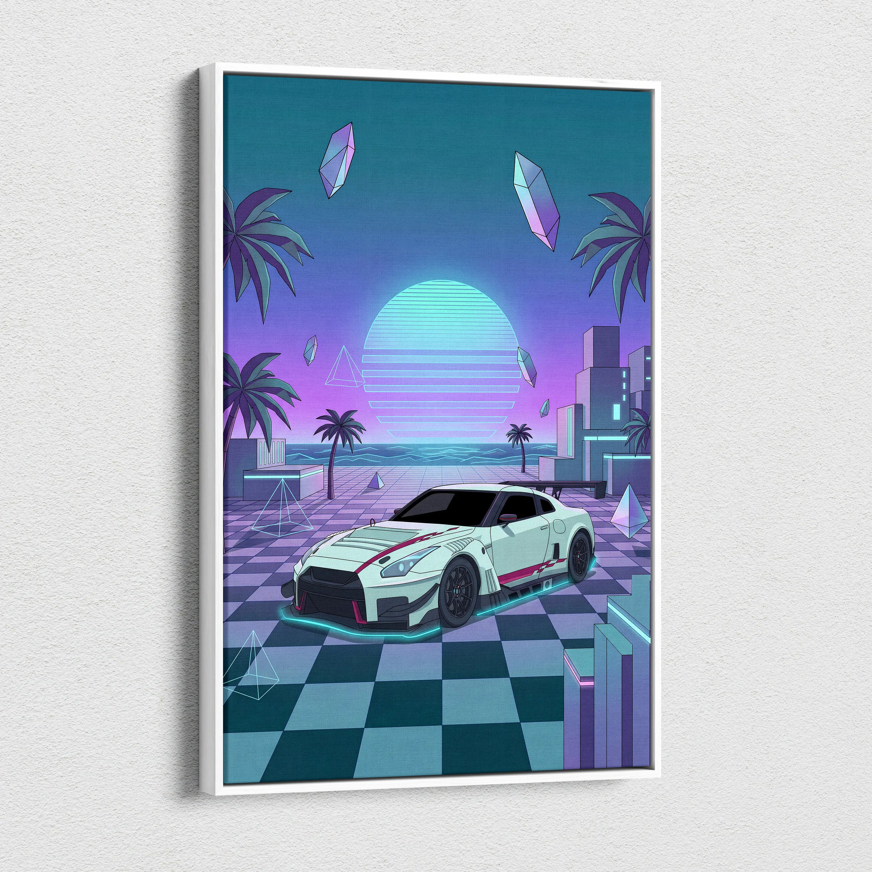 Nissan GT-R R35 Inspired White Teal Canvas Wall Art Vaporwave Sunset JDM Car Artwork, Neon Checkerboard Garage Decor