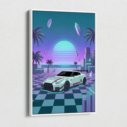 Nissan GT-R R35 Inspired White Teal Canvas Wall Art Vaporwave Sunset JDM Car Artwork, Neon Checkerboard Garage Decor