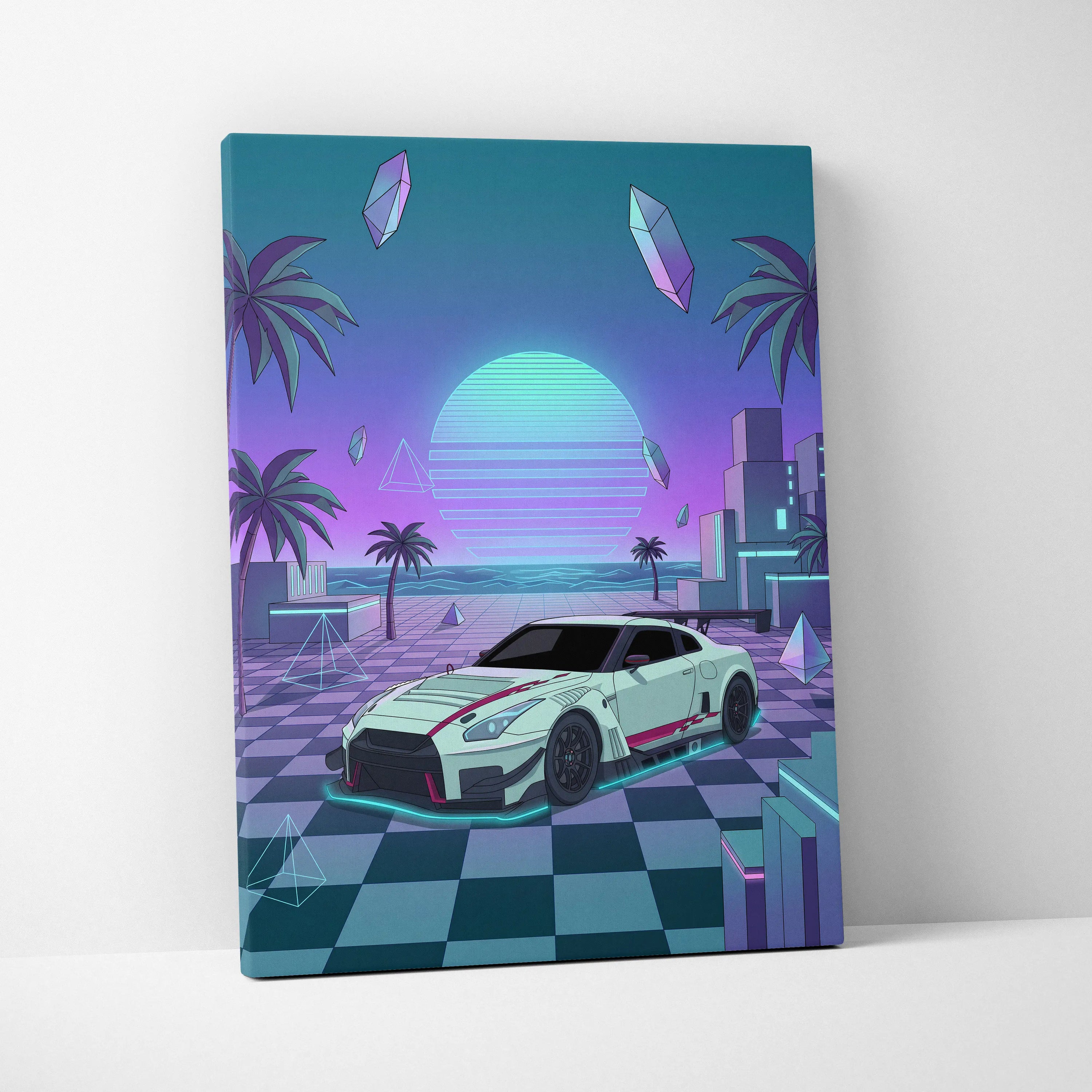Nissan GT-R R35 Inspired White Teal Canvas Wall Art Vaporwave Sunset JDM Car Artwork, Neon Checkerboard Garage Decor