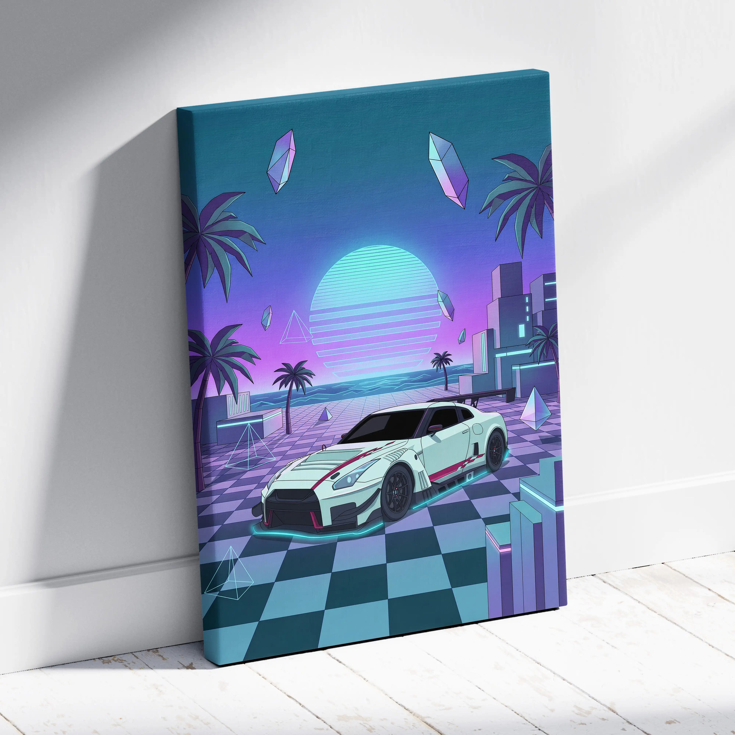 Nissan GT-R R35 Inspired White Teal Canvas Wall Art Vaporwave Sunset JDM Car Artwork, Neon Checkerboard Garage Decor