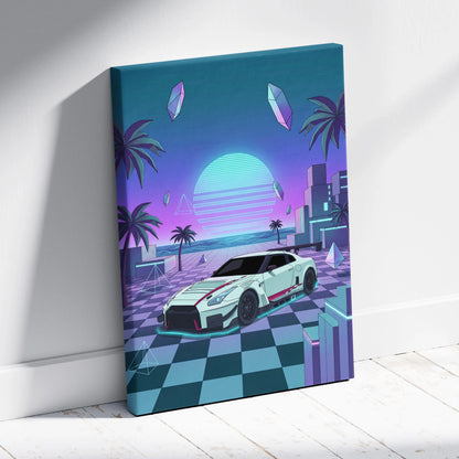 Nissan GT-R R35 Inspired White Teal Canvas Wall Art Vaporwave Sunset JDM Car Artwork, Neon Checkerboard Garage Decor