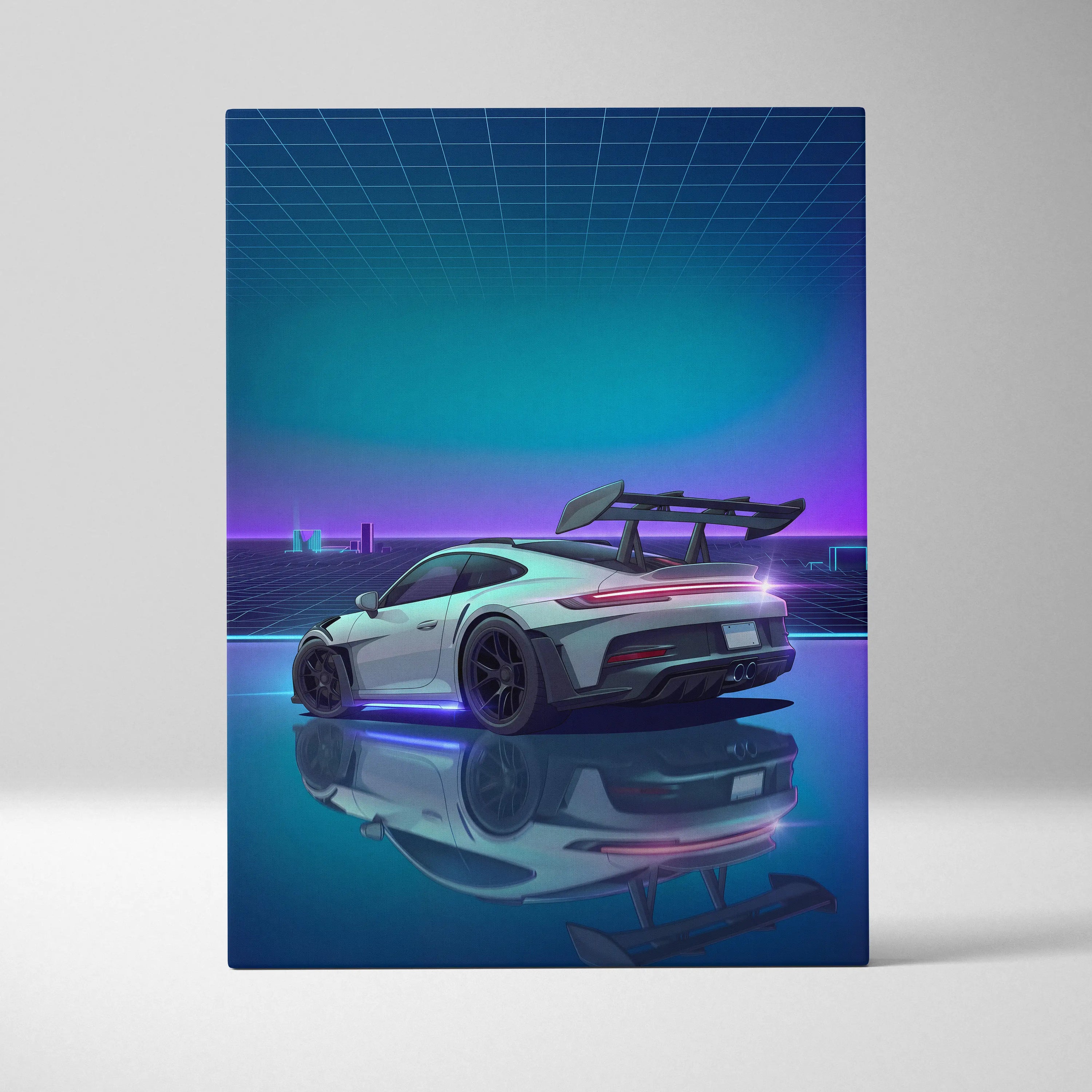 Porsche 911 GT3 RS Inspired White Blue Canvas Wall Art Vaporwave Neon Grid Sports Car Artwork, Cyberpunk Reflection Garage Decor