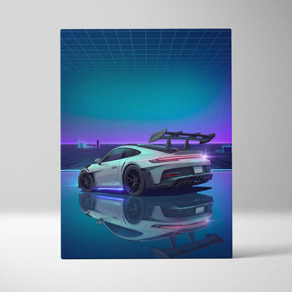 Porsche 911 GT3 RS Inspired White Blue Canvas Wall Art Vaporwave Neon Grid Sports Car Artwork, Cyberpunk Reflection Garage Decor