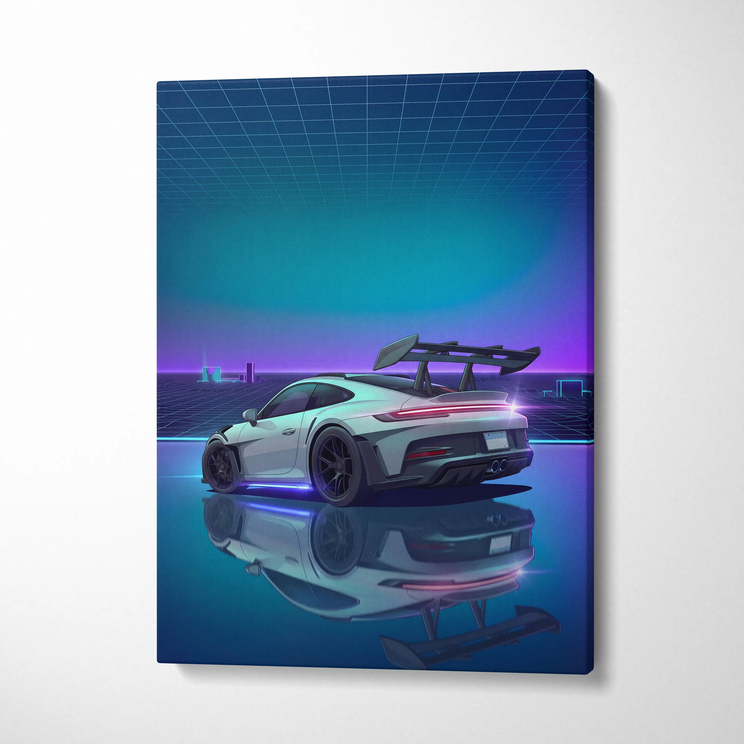 Porsche 911 GT3 RS Inspired White Blue Canvas Wall Art Vaporwave Neon Grid Sports Car Artwork, Cyberpunk Reflection Garage Decor