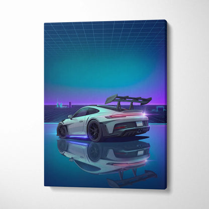 Porsche 911 GT3 RS Inspired White Blue Canvas Wall Art Vaporwave Neon Grid Sports Car Artwork, Cyberpunk Reflection Garage Decor