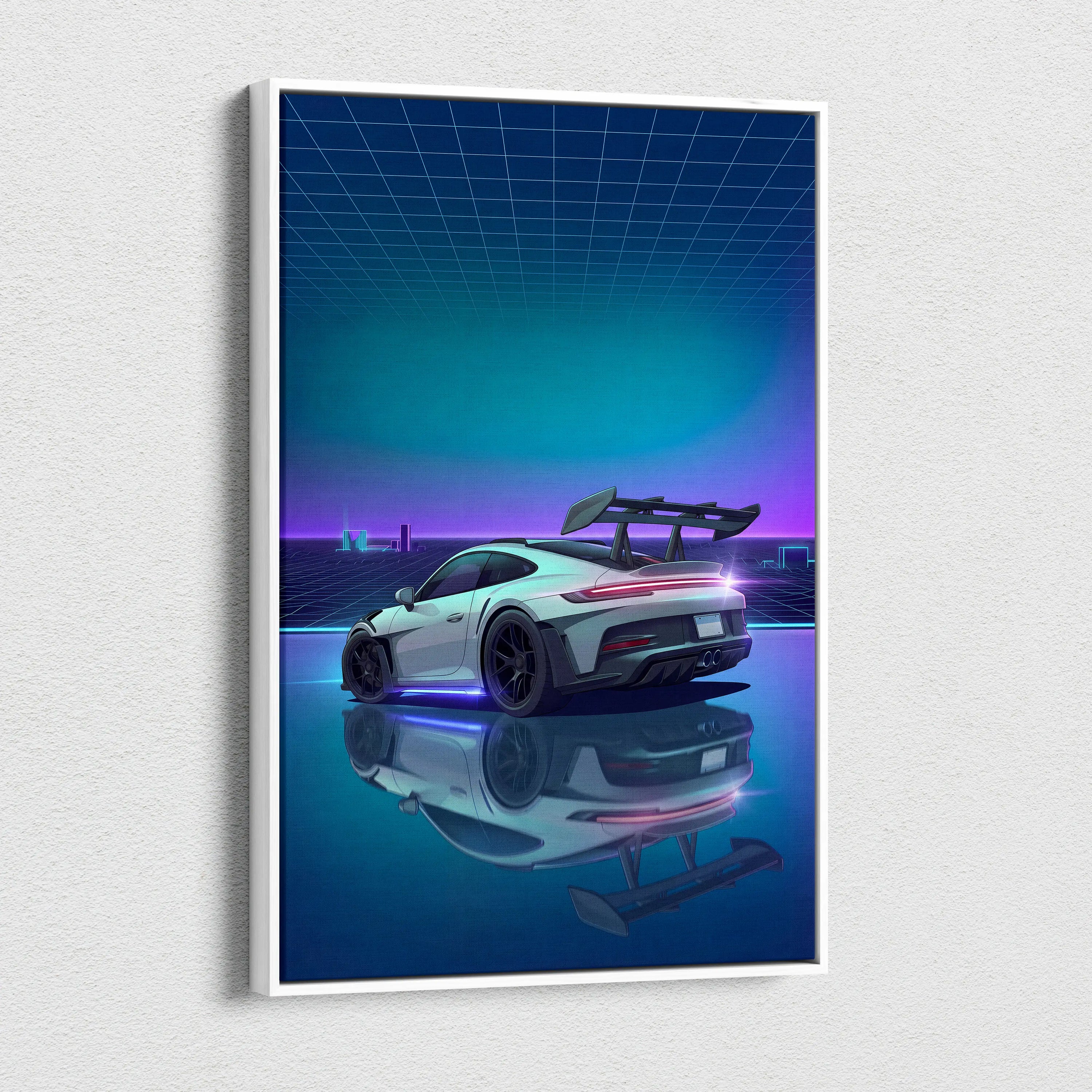 Porsche 911 GT3 RS Inspired White Blue Canvas Wall Art Vaporwave Neon Grid Sports Car Artwork, Cyberpunk Reflection Garage Decor
