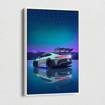 Porsche 911 GT3 RS Inspired White Blue Canvas Wall Art Vaporwave Neon Grid Sports Car Artwork, Cyberpunk Reflection Garage Decor