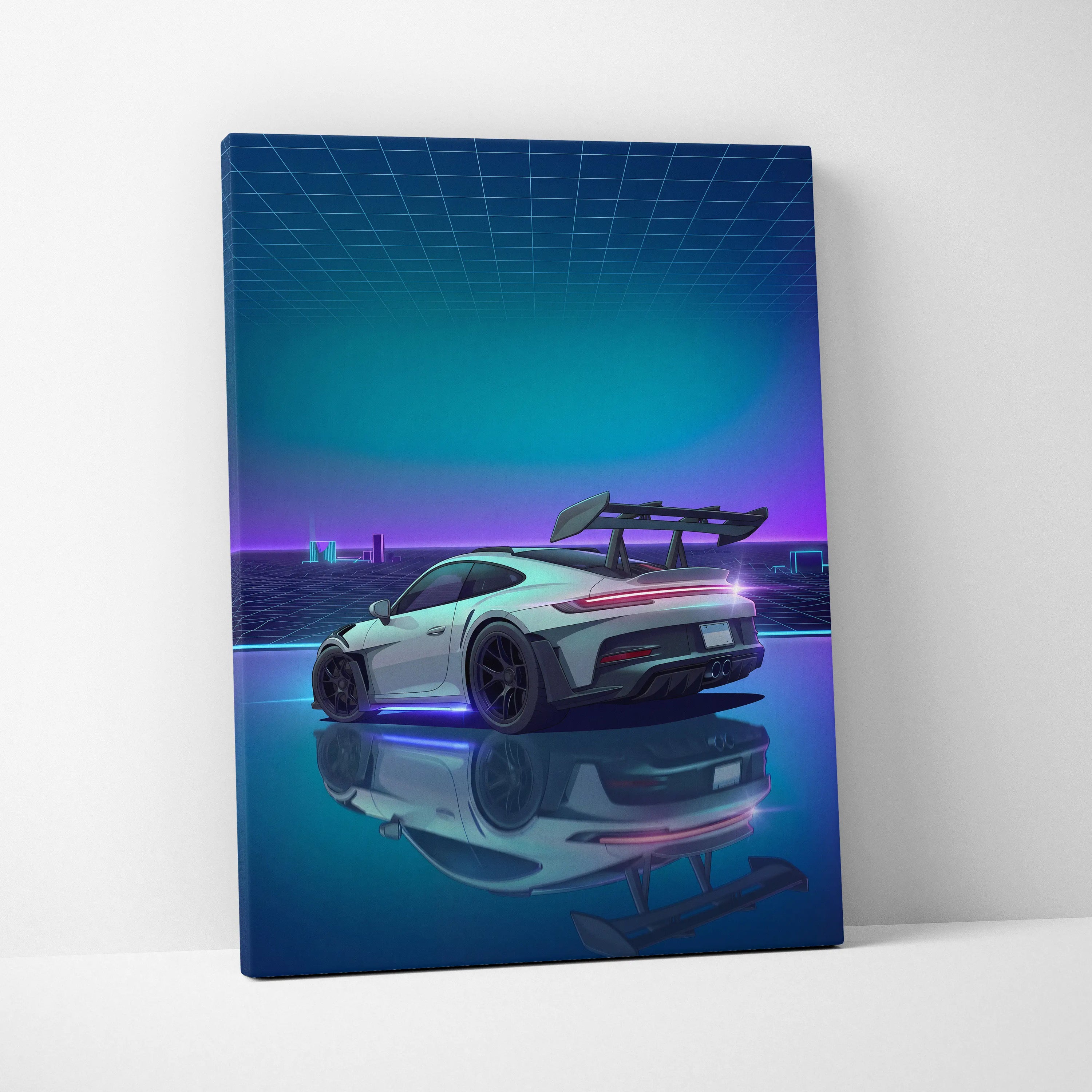 Porsche 911 GT3 RS Inspired White Blue Canvas Wall Art Vaporwave Neon Grid Sports Car Artwork, Cyberpunk Reflection Garage Decor