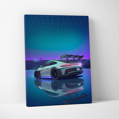 Porsche 911 GT3 RS Inspired White Blue Canvas Wall Art Vaporwave Neon Grid Sports Car Artwork, Cyberpunk Reflection Garage Decor
