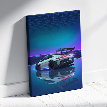 Porsche 911 GT3 RS Inspired White Blue Canvas Wall Art Vaporwave Neon Grid Sports Car Artwork, Cyberpunk Reflection Garage Decor