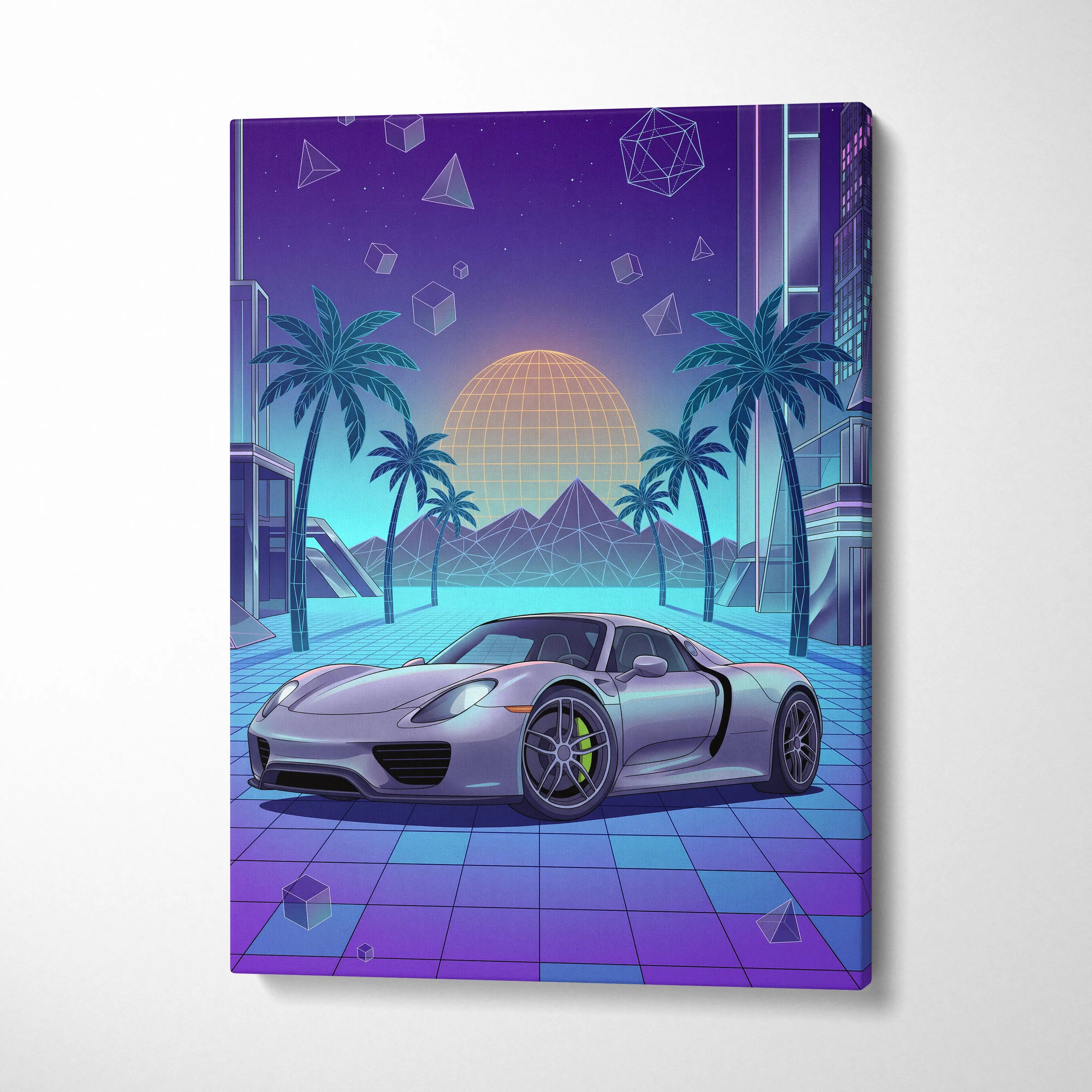 Porsche 918 Spyder Inspired Silver Blue Canvas Wall Art Vaporwave Neon Palm Hypercar Artwork, Retro Futuristic Garage Decor