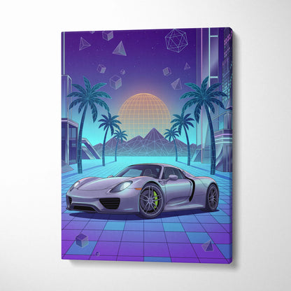 Porsche 918 Spyder Inspired Silver Blue Canvas Wall Art Vaporwave Neon Palm Hypercar Artwork, Retro Futuristic Garage Decor