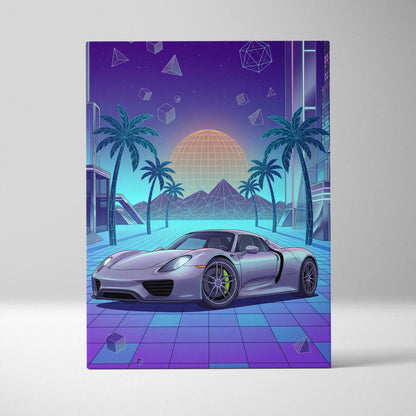 Porsche 918 Spyder Inspired Silver Blue Canvas Wall Art Vaporwave Neon Palm Hypercar Artwork, Retro Futuristic Garage Decor