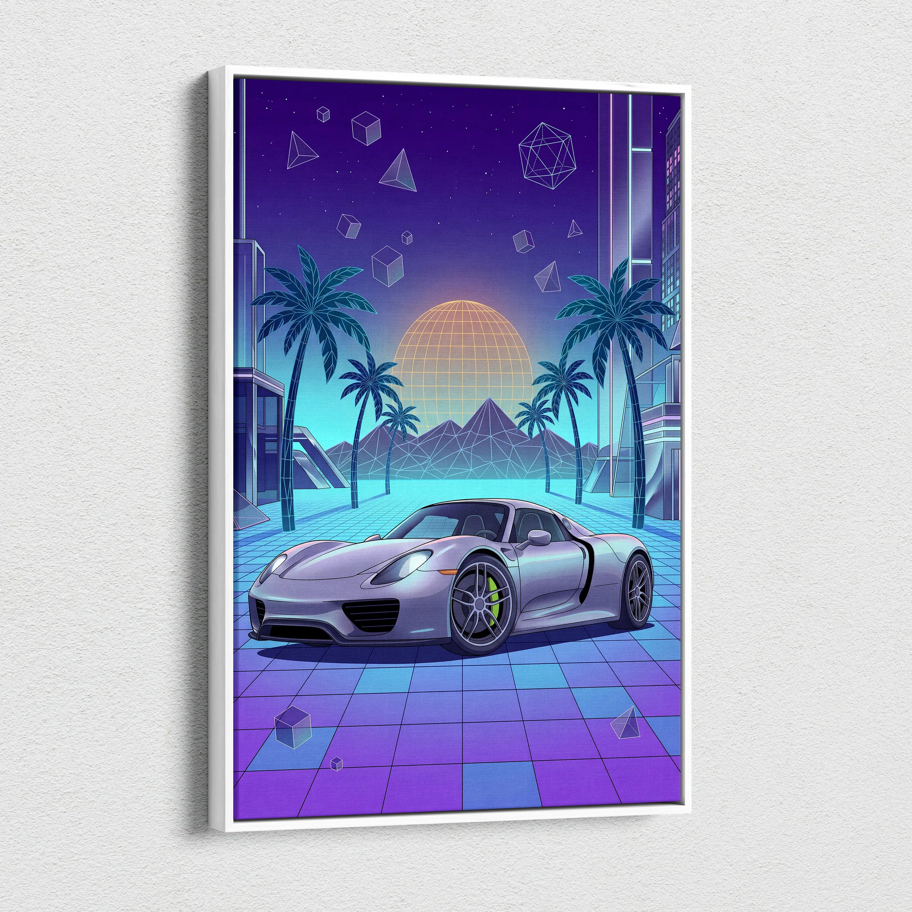 Porsche 918 Spyder Inspired Silver Blue Canvas Wall Art Vaporwave Neon Palm Hypercar Artwork, Retro Futuristic Garage Decor