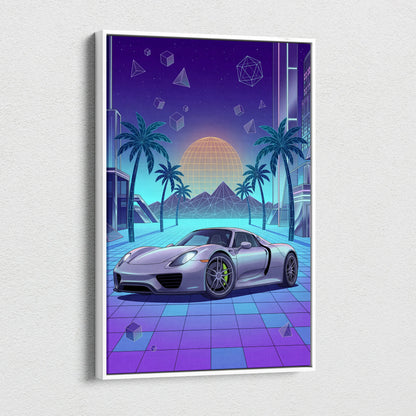 Porsche 918 Spyder Inspired Silver Blue Canvas Wall Art Vaporwave Neon Palm Hypercar Artwork, Retro Futuristic Garage Decor