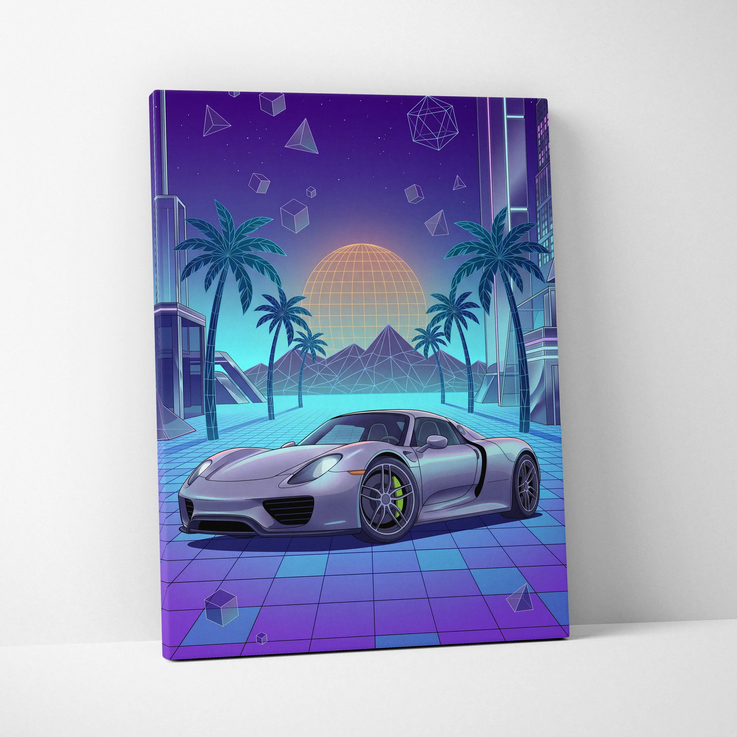 Porsche 918 Spyder Inspired Silver Blue Canvas Wall Art Vaporwave Neon Palm Hypercar Artwork, Retro Futuristic Garage Decor