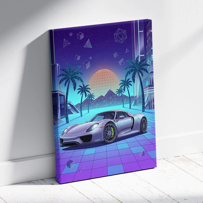 Porsche 918 Spyder Inspired Silver Blue Canvas Wall Art Vaporwave Neon Palm Hypercar Artwork, Retro Futuristic Garage Decor