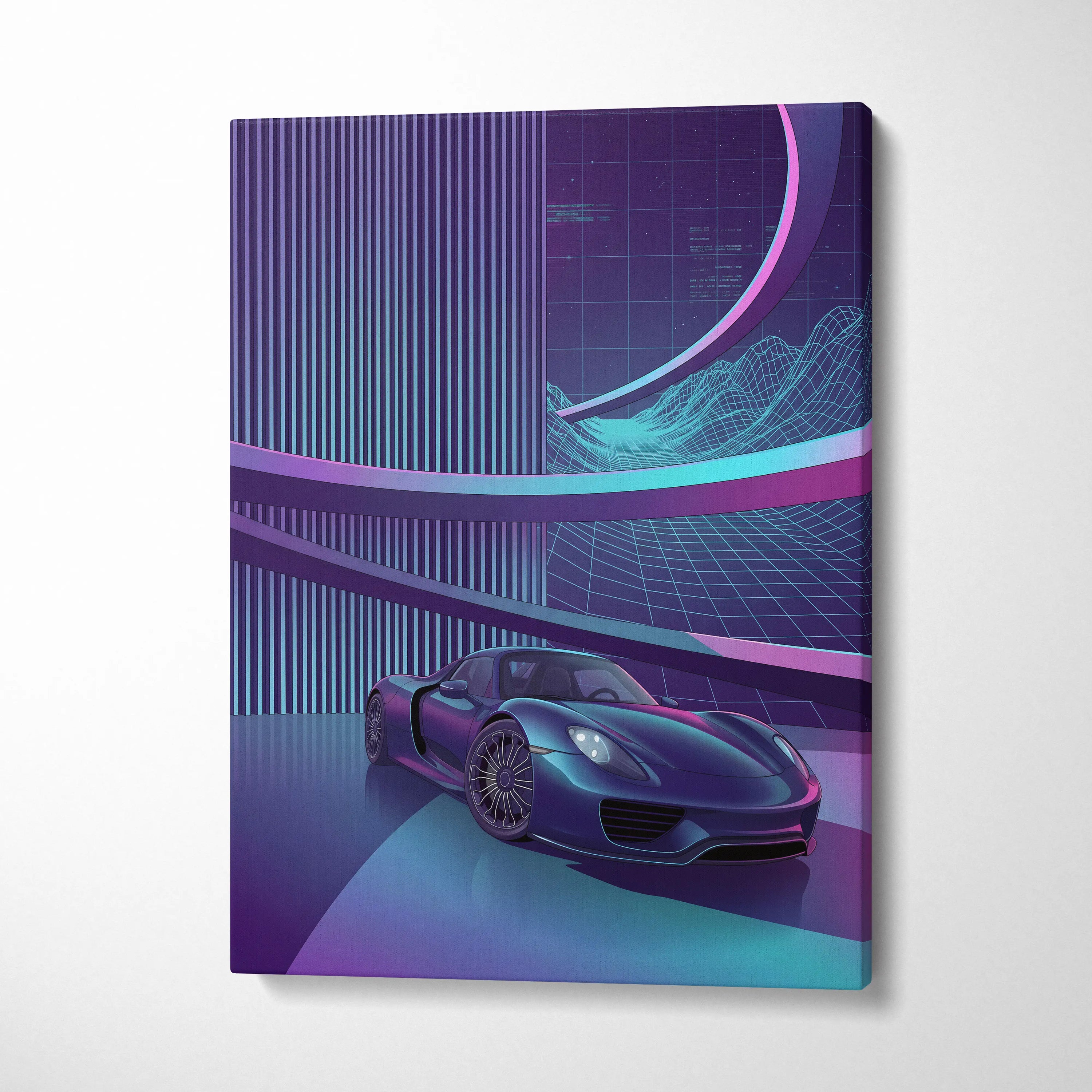 Porsche 918 Spyder Inspired Dark Blue Purple Canvas Wall Art Vaporwave Neon City Hypercar Artwork, Futuristic Garage Decor