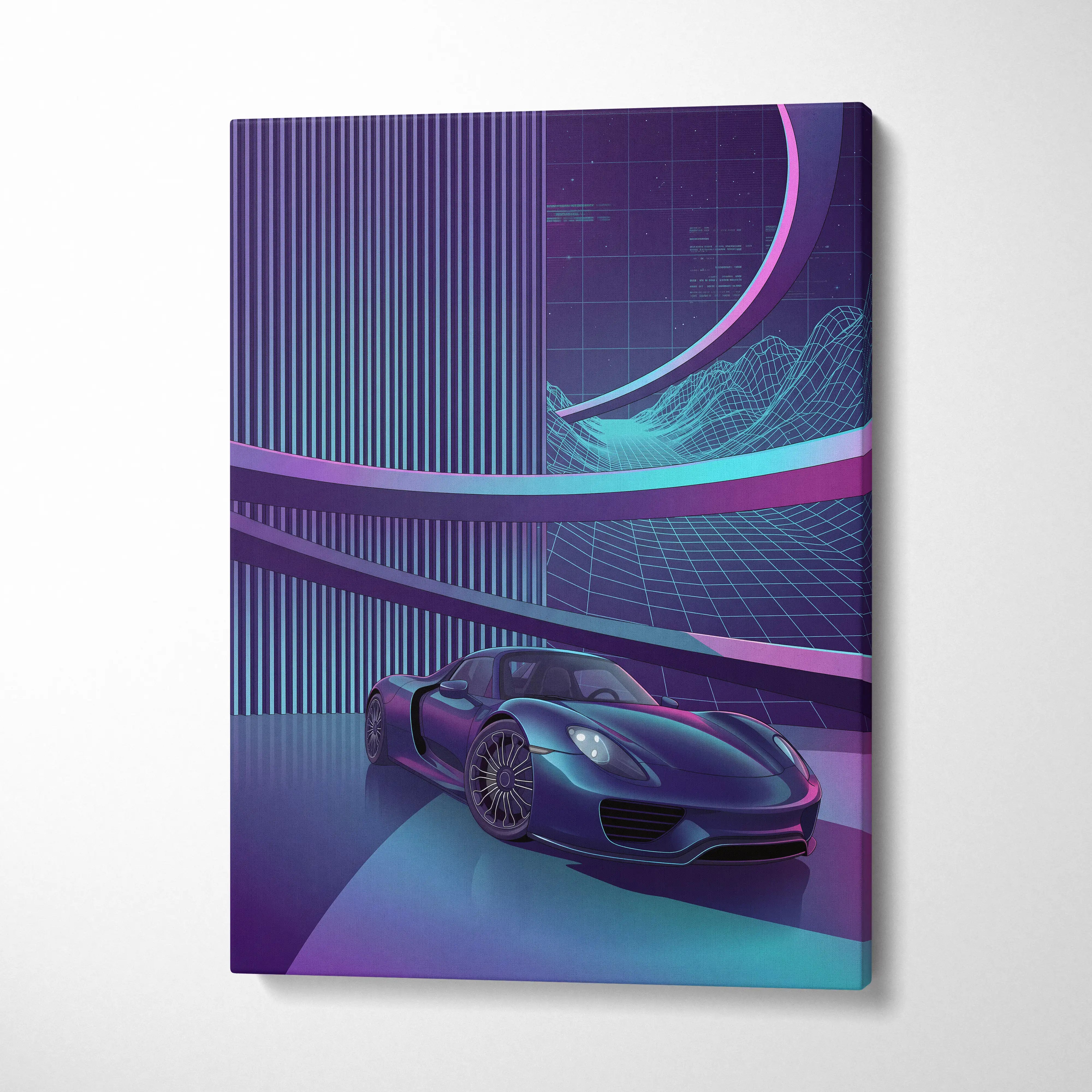 Porsche 918 Spyder Inspired Dark Blue Purple Canvas Wall Art Vaporwave Neon City Hypercar Artwork, Futuristic Garage Decor