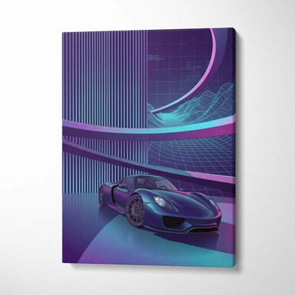 Porsche 918 Spyder Inspired Dark Blue Purple Canvas Wall Art Vaporwave Neon City Hypercar Artwork, Futuristic Garage Decor