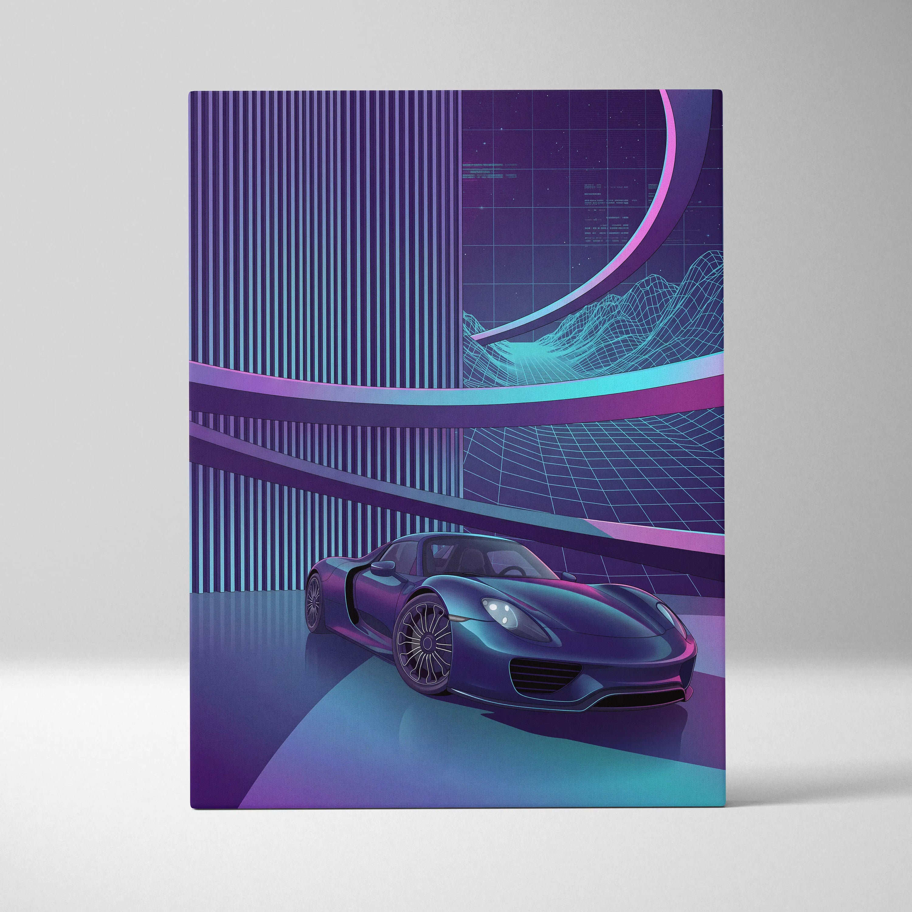 Porsche 918 Spyder Inspired Dark Blue Purple Canvas Wall Art Vaporwave Neon City Hypercar Artwork, Futuristic Garage Decor