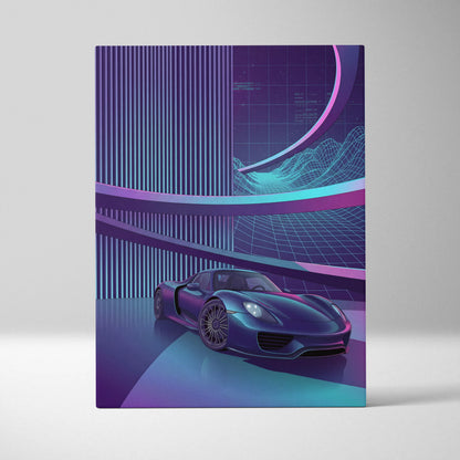 Porsche 918 Spyder Inspired Dark Blue Purple Canvas Wall Art Vaporwave Neon City Hypercar Artwork, Futuristic Garage Decor