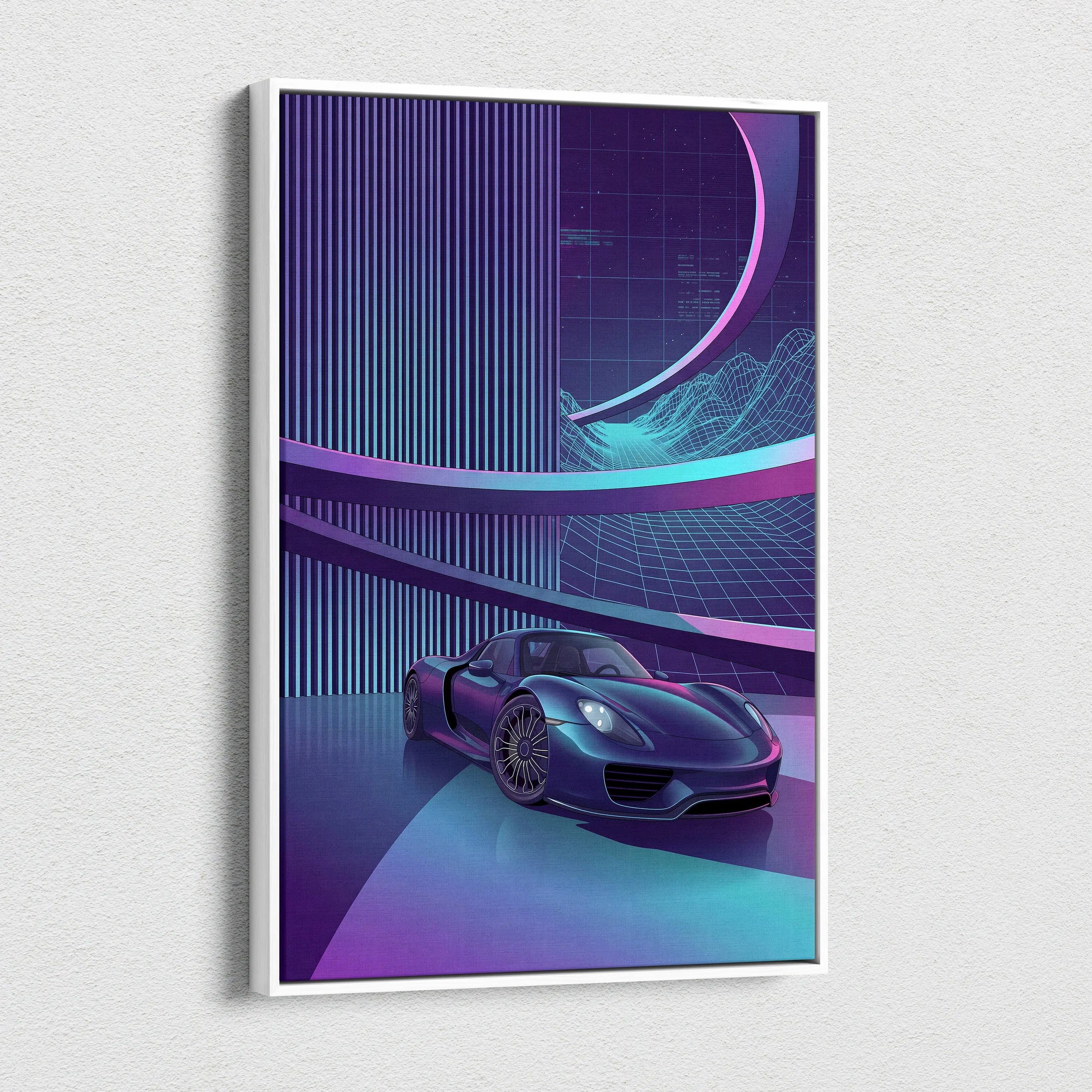 Porsche 918 Spyder Inspired Dark Blue Purple Canvas Wall Art Vaporwave Neon City Hypercar Artwork, Futuristic Garage Decor