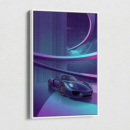 Porsche 918 Spyder Inspired Dark Blue Purple Canvas Wall Art Vaporwave Neon City Hypercar Artwork, Futuristic Garage Decor