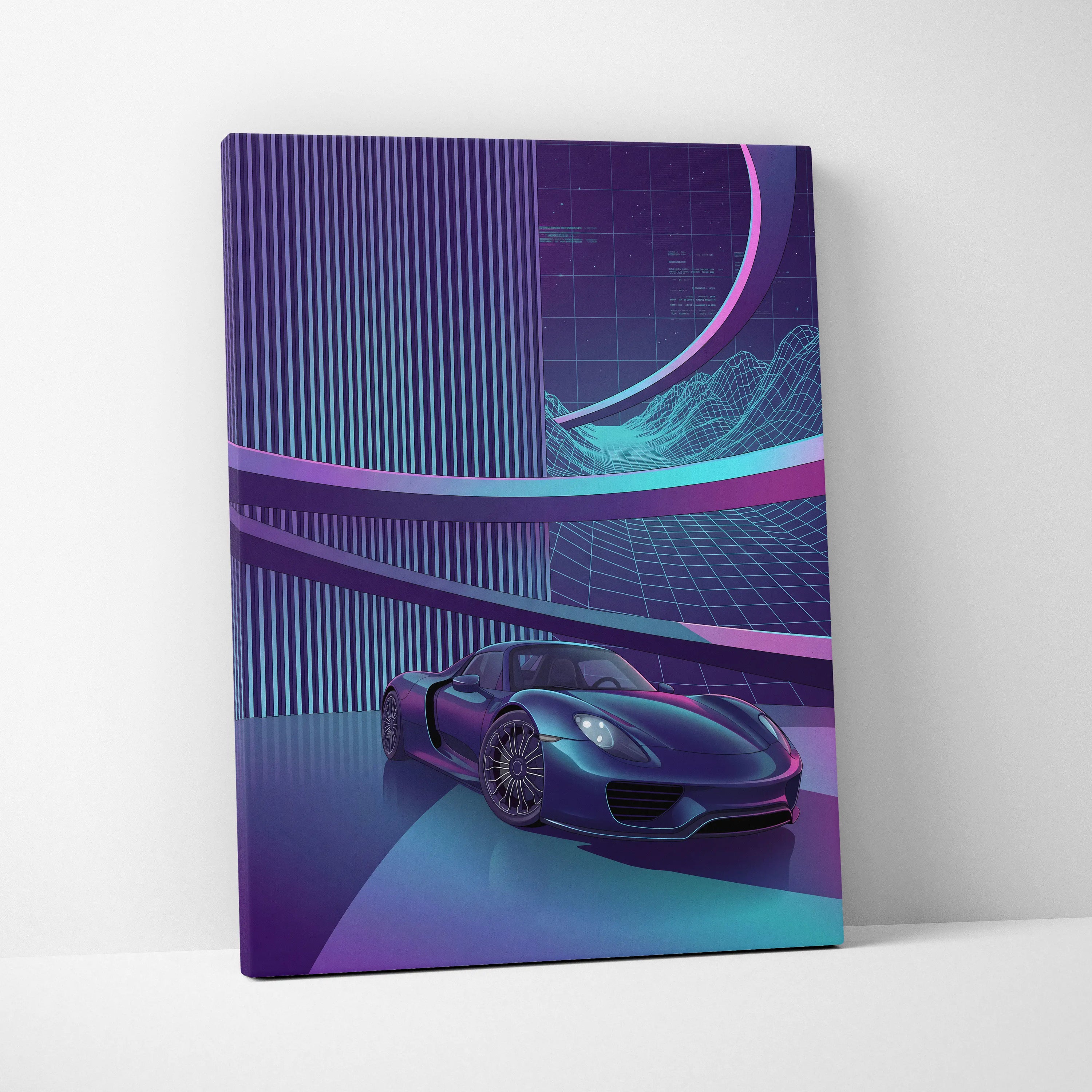 Porsche 918 Spyder Inspired Dark Blue Purple Canvas Wall Art Vaporwave Neon City Hypercar Artwork, Futuristic Garage Decor