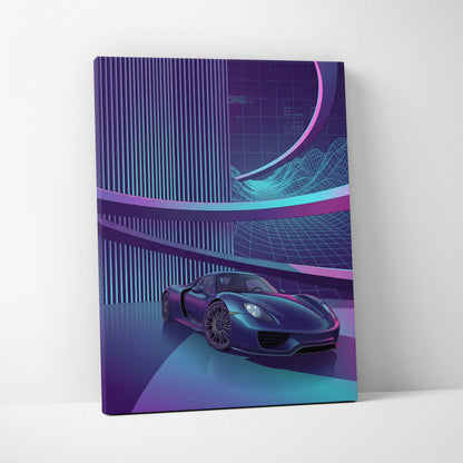 Porsche 918 Spyder Inspired Dark Blue Purple Canvas Wall Art Vaporwave Neon City Hypercar Artwork, Futuristic Garage Decor