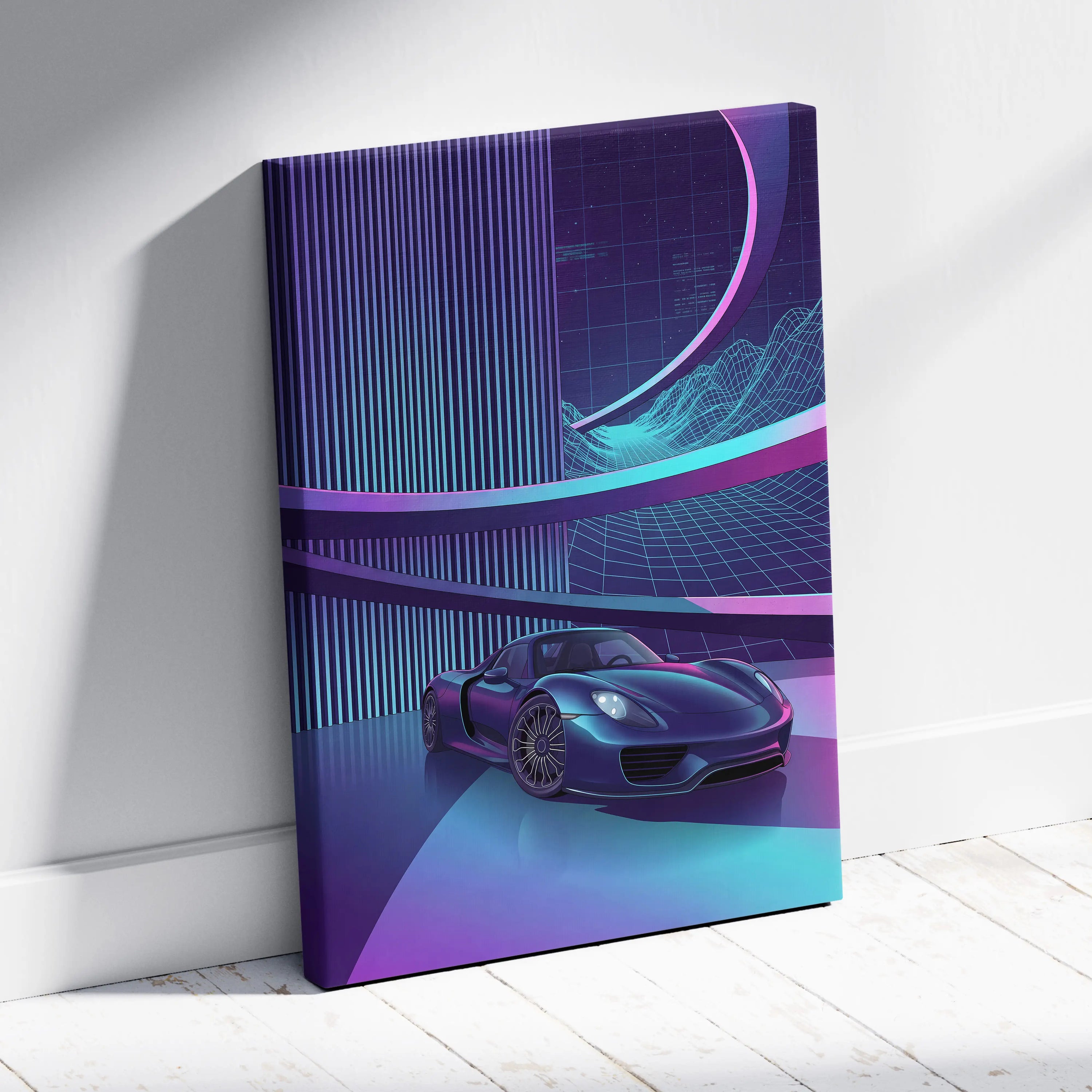 Porsche 918 Spyder Inspired Dark Blue Purple Canvas Wall Art Vaporwave Neon City Hypercar Artwork, Futuristic Garage Decor
