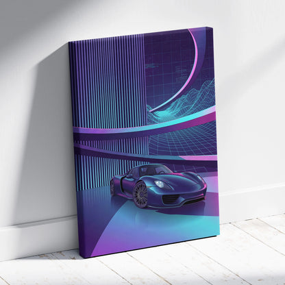 Porsche 918 Spyder Inspired Dark Blue Purple Canvas Wall Art Vaporwave Neon City Hypercar Artwork, Futuristic Garage Decor