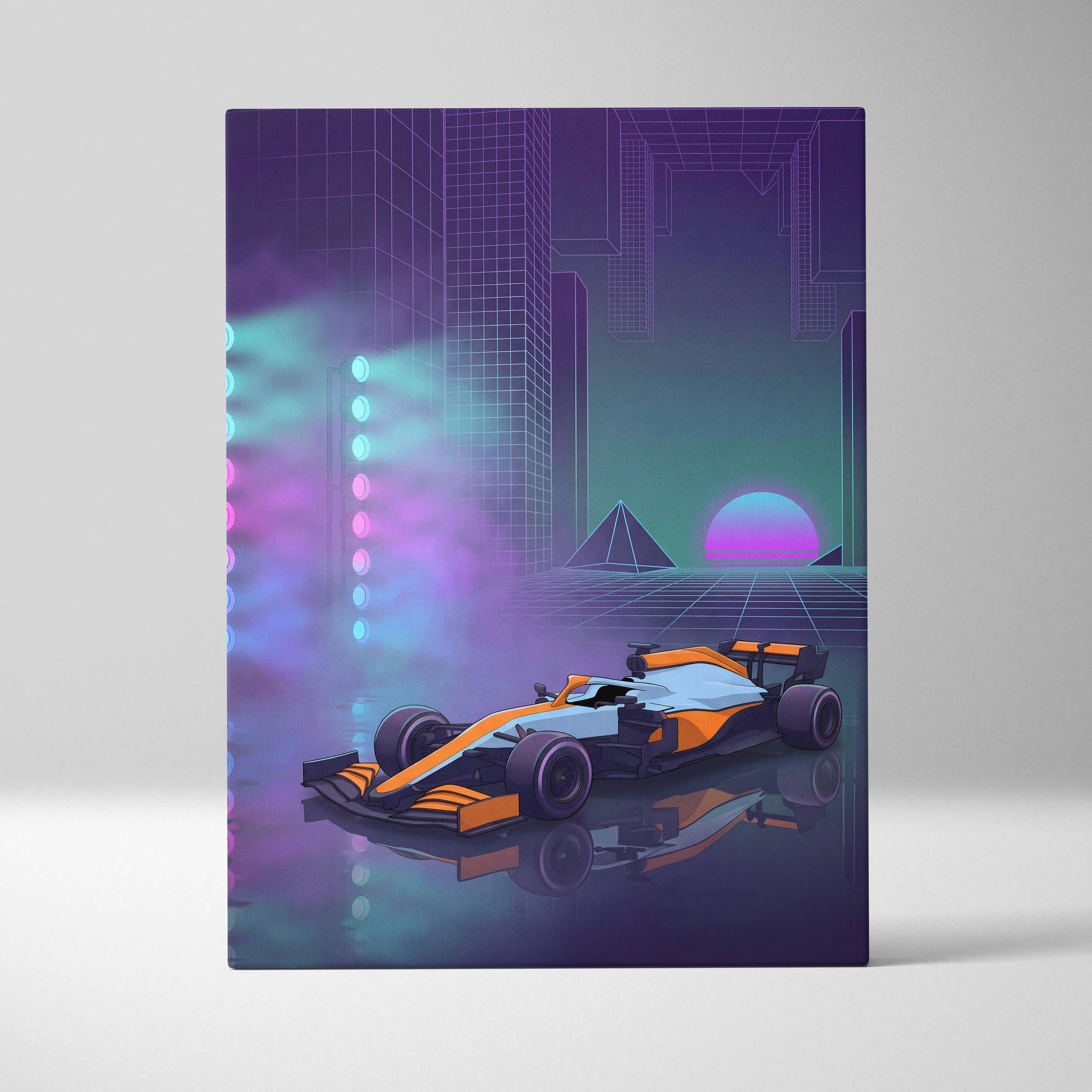 McLaren Formula 1 Inspired Orange Purple Canvas Wall Art, Neon Vaporwave Race Car Artwork for Modern Garage Decor