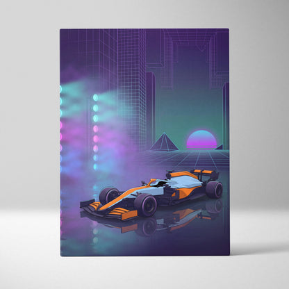 McLaren Formula 1 Inspired Orange Purple Canvas Wall Art, Neon Vaporwave Race Car Artwork for Modern Garage Decor