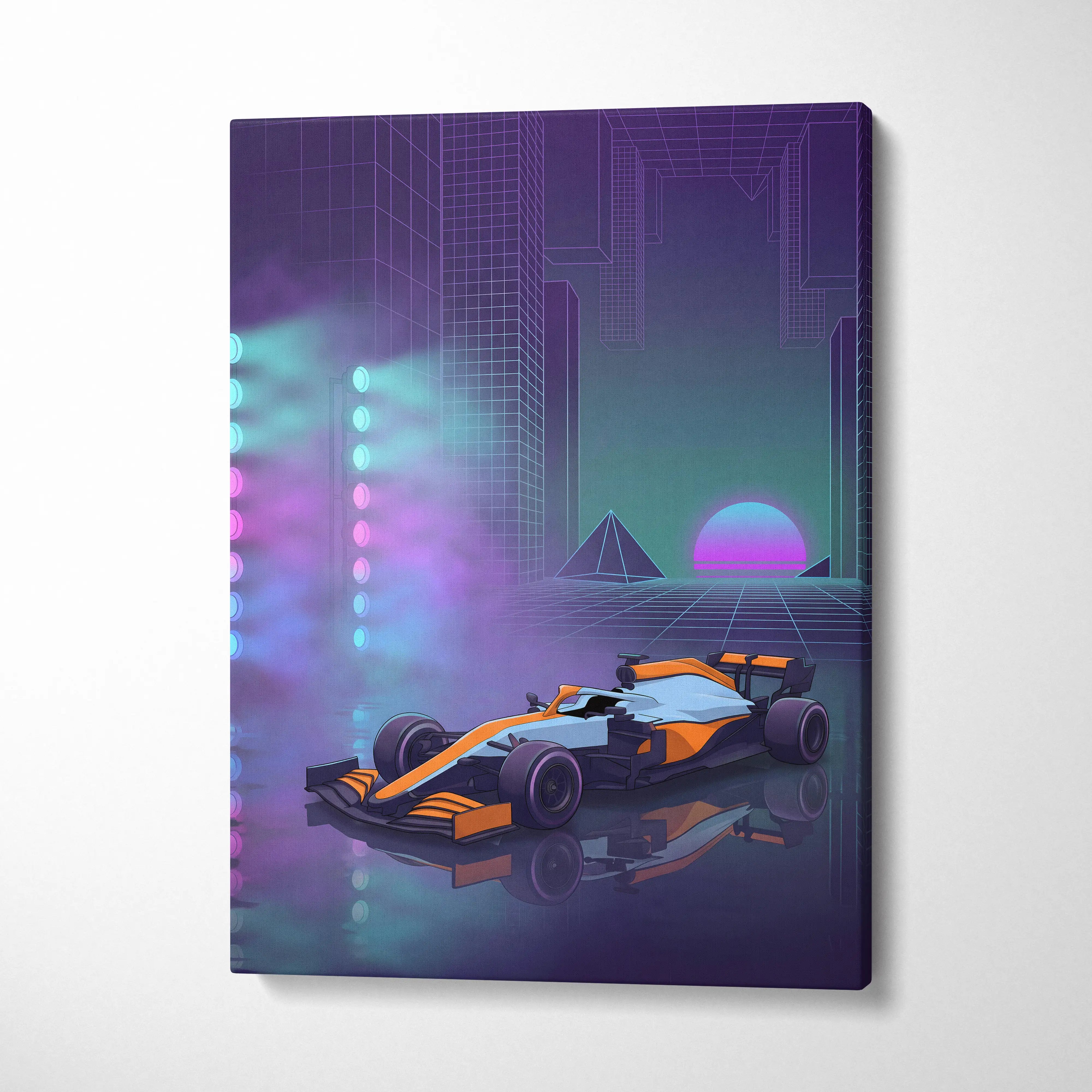 McLaren Formula 1 Inspired Orange Purple Canvas Wall Art, Neon Vaporwave Race Car Artwork for Modern Garage Decor