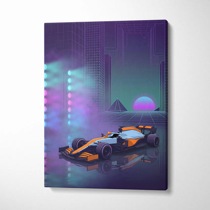 McLaren Formula 1 Inspired Orange Purple Canvas Wall Art, Neon Vaporwave Race Car Artwork for Modern Garage Decor