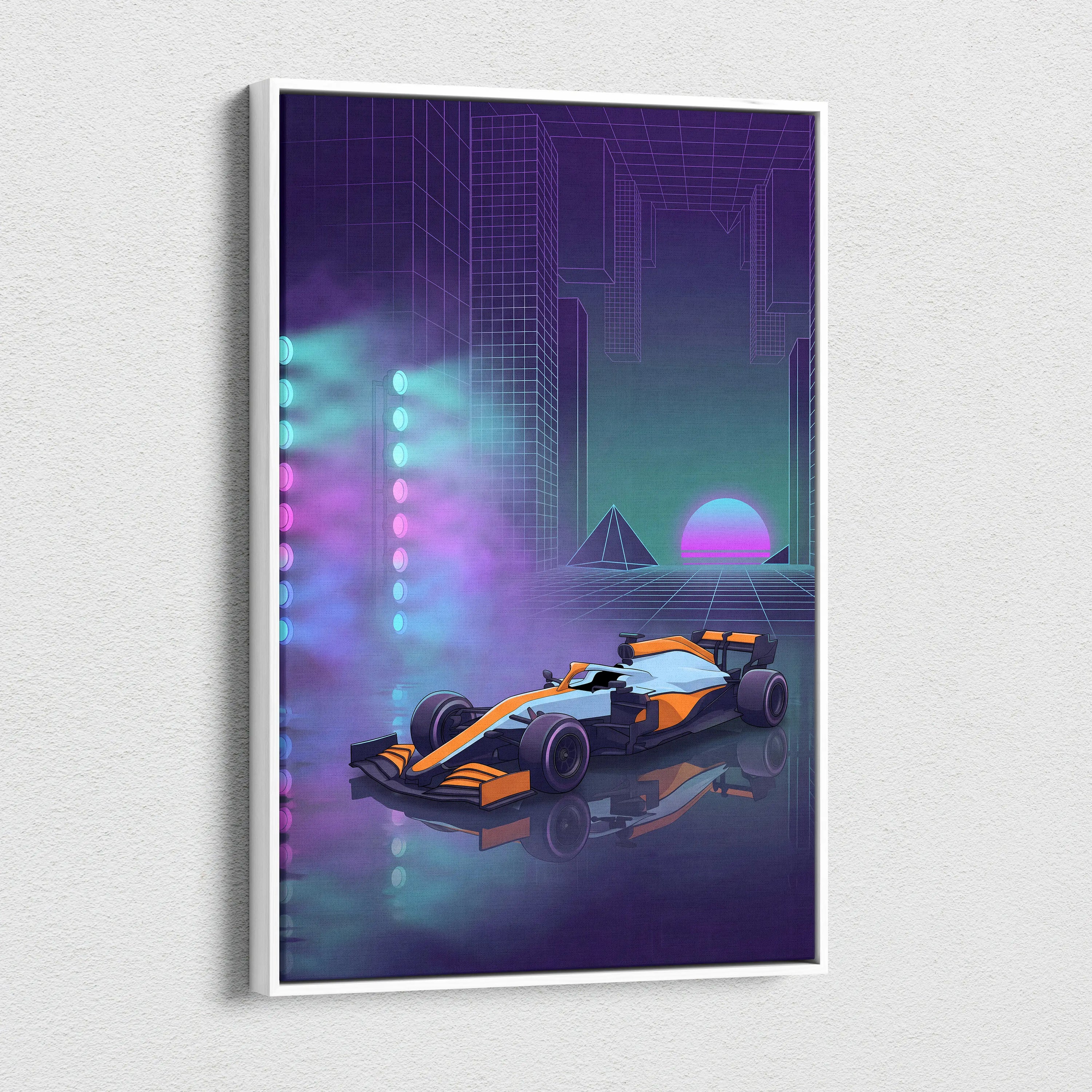 McLaren Formula 1 Inspired Orange Purple Canvas Wall Art, Neon Vaporwave Race Car Artwork for Modern Garage Decor