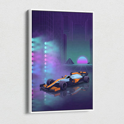 McLaren Formula 1 Inspired Orange Purple Canvas Wall Art, Neon Vaporwave Race Car Artwork for Modern Garage Decor