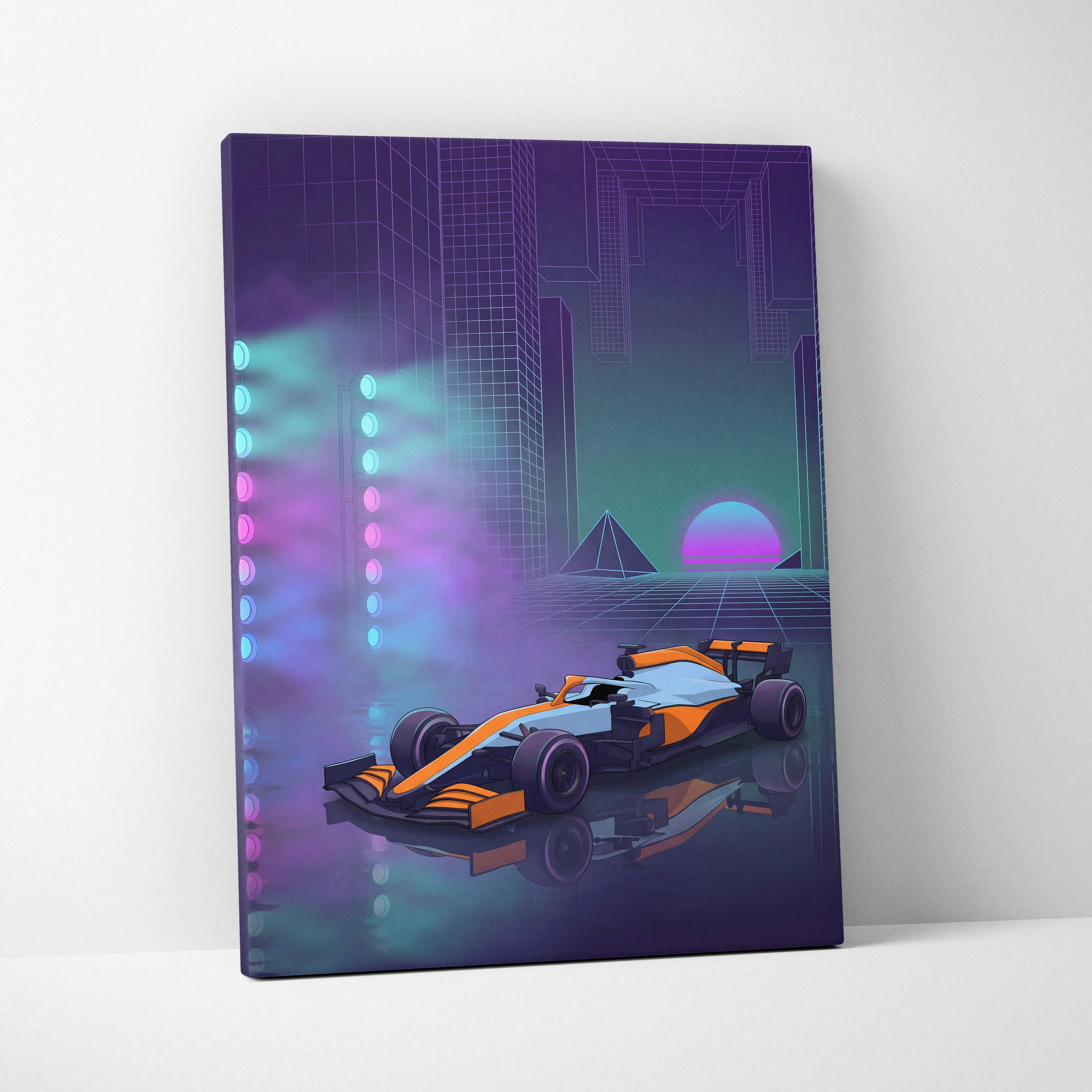 McLaren Formula 1 Inspired Orange Purple Canvas Wall Art, Neon Vaporwave Race Car Artwork for Modern Garage Decor