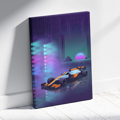 McLaren Formula 1 Inspired Orange Purple Canvas Wall Art, Neon Vaporwave Race Car Artwork for Modern Garage Decor