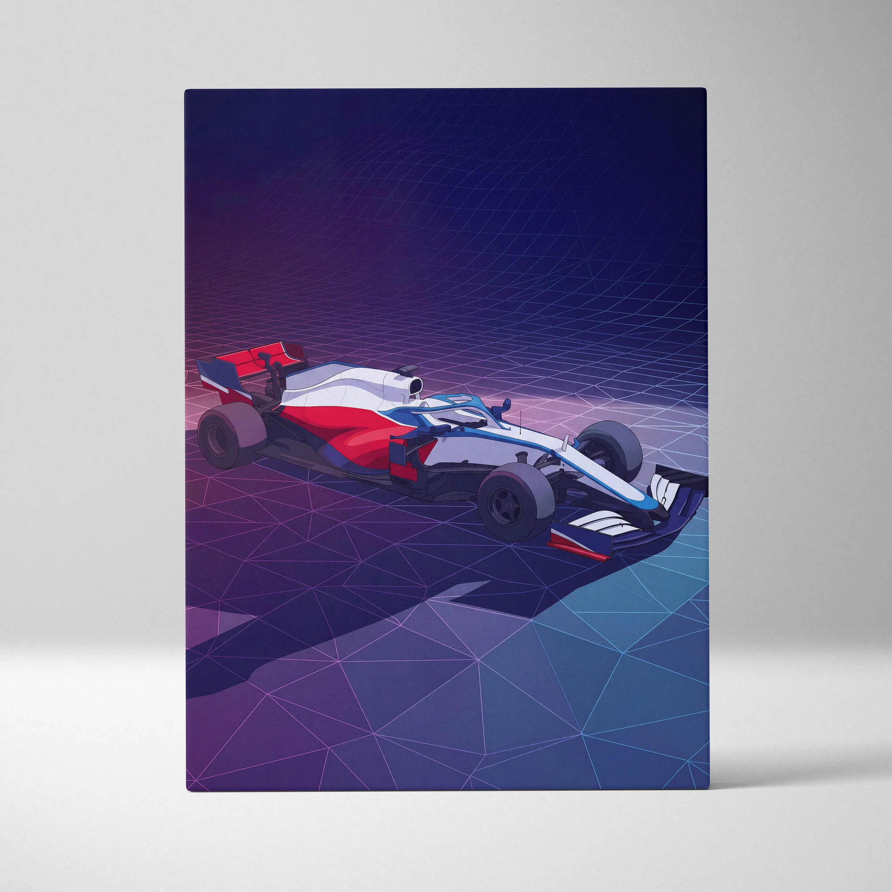 Formula 1 Car Inspired White Blue Canvas Wall Art, Vaporwave Race Car Artwork, Neon Grid Garage Decor, Retro Futuristic Motorsport Print
