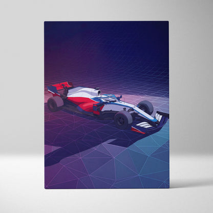 Formula 1 Car Inspired White Blue Canvas Wall Art, Vaporwave Race Car Artwork, Neon Grid Garage Decor, Retro Futuristic Motorsport Print