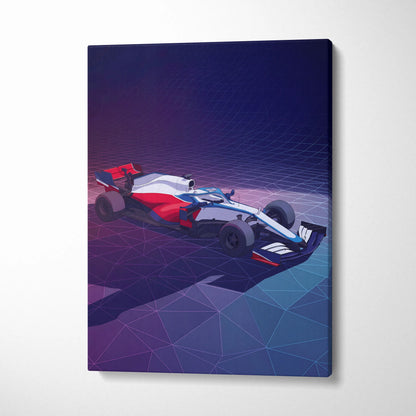 Formula 1 Car Inspired White Blue Canvas Wall Art, Vaporwave Race Car Artwork, Neon Grid Garage Decor, Retro Futuristic Motorsport Print