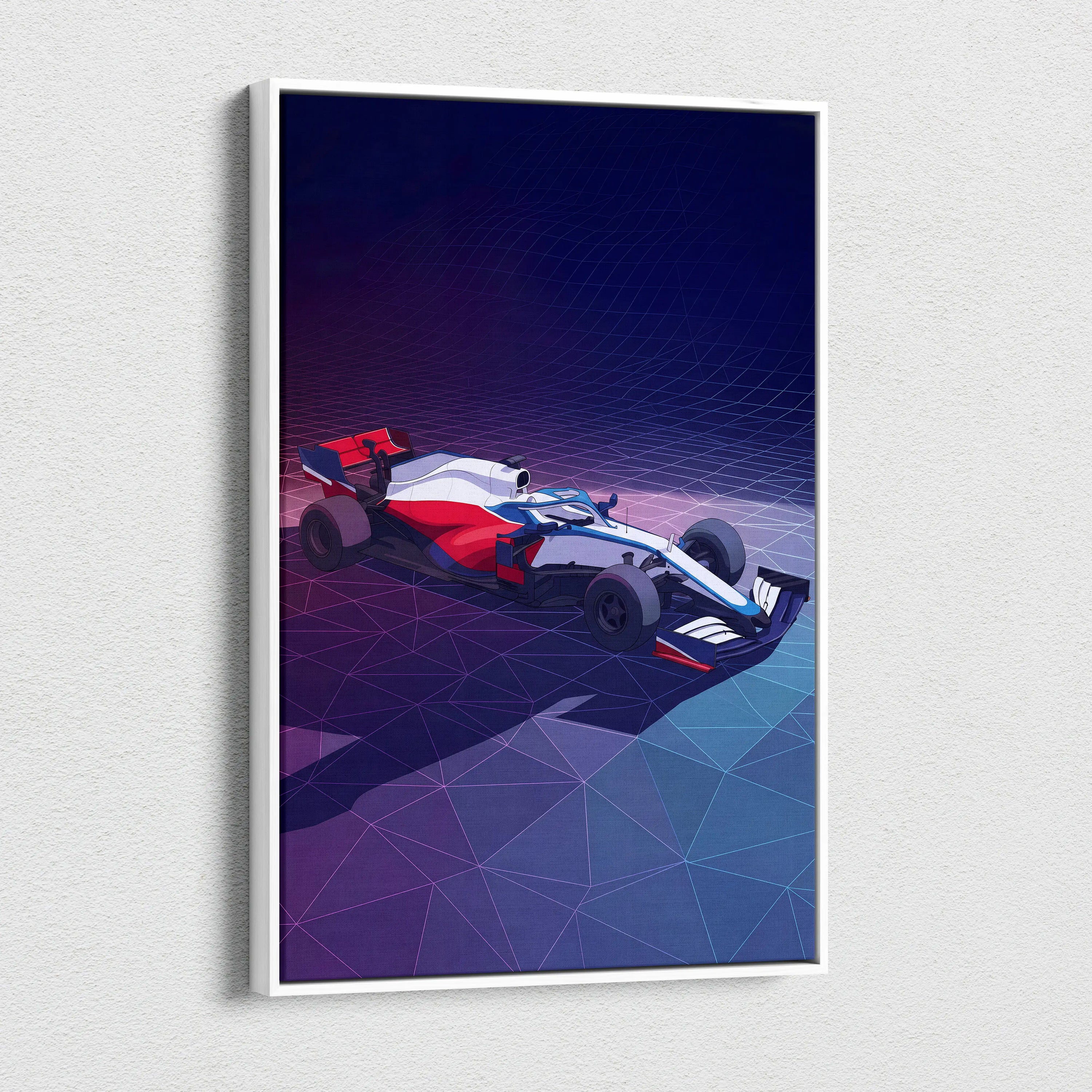Formula 1 Car Inspired White Blue Canvas Wall Art, Vaporwave Race Car Artwork, Neon Grid Garage Decor, Retro Futuristic Motorsport Print