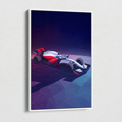 Formula 1 Car Inspired White Blue Canvas Wall Art, Vaporwave Race Car Artwork, Neon Grid Garage Decor, Retro Futuristic Motorsport Print
